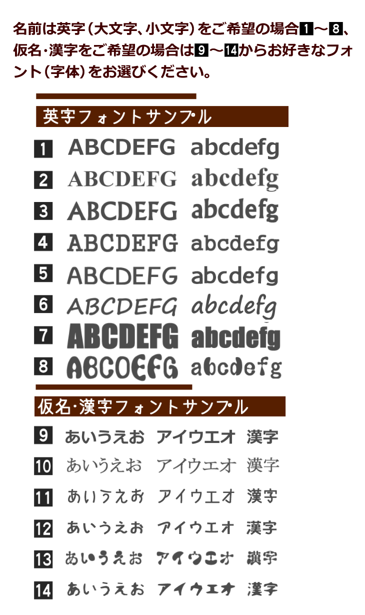 オーダーイラストフォント　名前は英字をご希望の場合1～8、仮名漢字をご希望の場合は9～14からお好きなフォントをお選びください