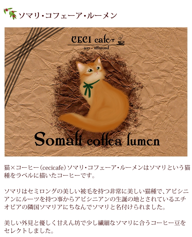 猫×コーヒー（cecicafe）ソマリ・コフェーア・ルーメンはソマリという猫種をラベルに描いたコーヒー。ソマリはセミロングの美しい被毛を持つ非常に美しい猫種で、アビシニアンにルーツを持つ事からアビシニアンの生誕の地とされているエチオピアの隣国ソマリアにちなんでソマリと名付けられました。美しい外見と優しく甘えん坊で少し繊細なソマリに合うコーヒー豆をセレクト。