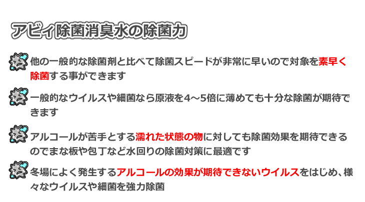 アビィ除菌消臭水の除菌力　他の一般的な除菌剤と比べて除菌スピードが非常に速いので対象を素早く除菌可能　一般的なウイルスや細菌なら原液を4～5倍に薄めても十分な除菌が期待できます　アルコールが苦手とする濡れた状態の物に対しても除菌効果を期待できるのでまな板や包丁など水回りの除菌対策に最適　冬場によく発生するアルコールの効果が期待できないウイルスをはじめ、様々なウイルスや細菌を強力除菌