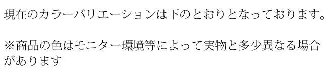 現在のカラーバリエーションは下のとおりとなっております。商品の色はモニター環境等によって実物と多少異なる場合があります。