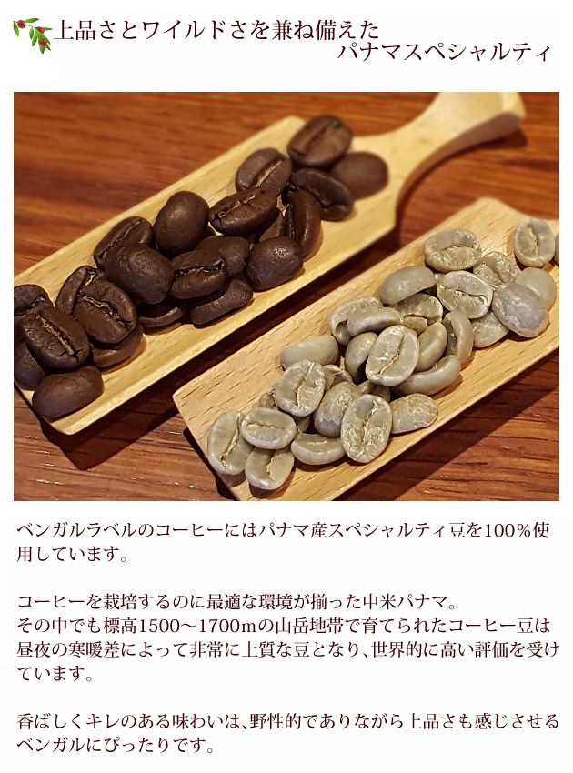 ベンガルラベルのコーヒーにはパナマ産スペシャルティ豆を100％使用。コーヒー栽培に最適な環境が揃ったパナマ。その中でも標高1500～1700ｍの山岳地帯で育てられたコーヒー豆は昼夜の寒暖差によって非常に上質な豆となり、世界的に高い評価を受けています。香ばしくキレのある味わいは野性的でありながら上品さも感じさせるベンガルにぴったり